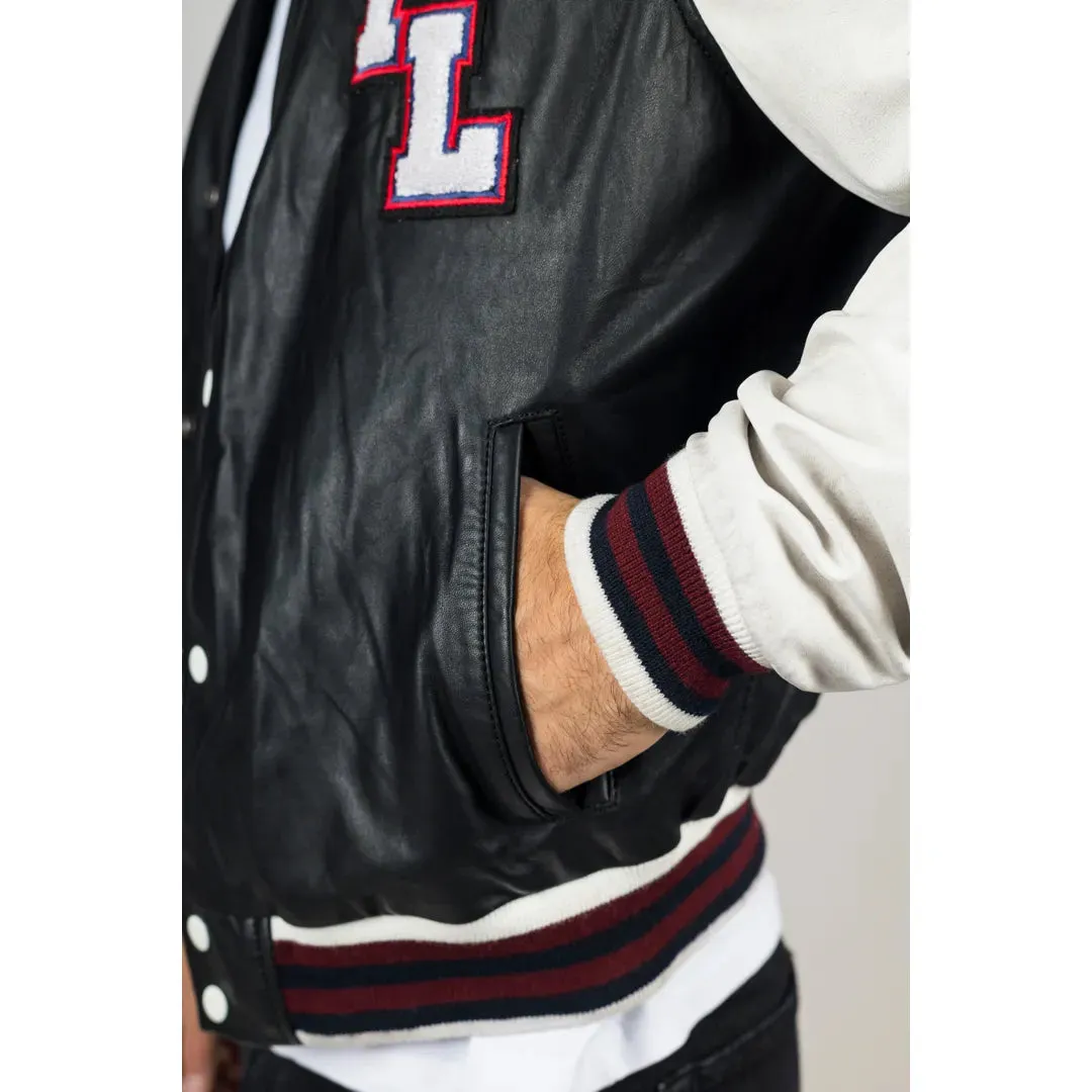 Men's Black Leather Letterman Bomber Jacket