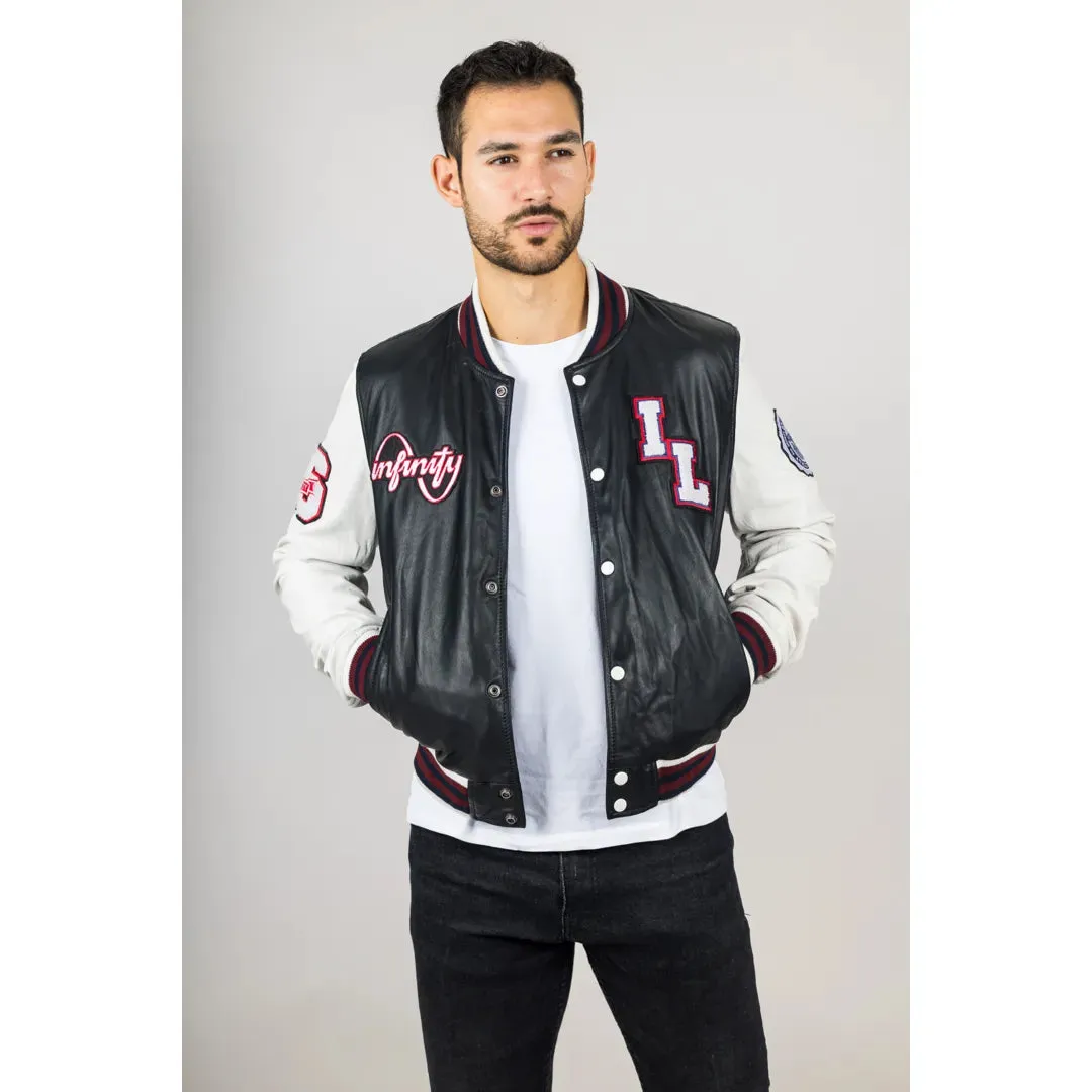 Men's Black Leather Letterman Bomber Jacket