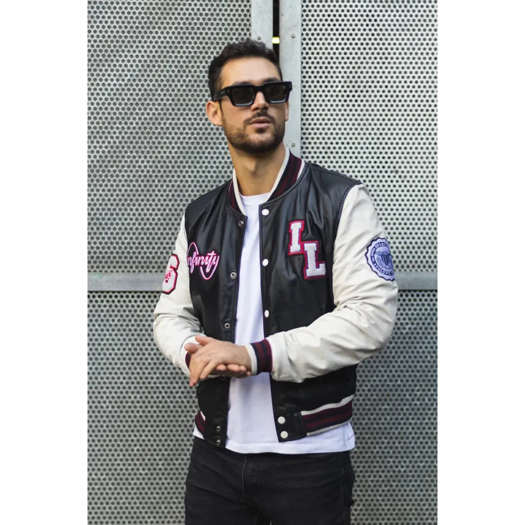 Men's Black Leather Letterman Bomber Jacket