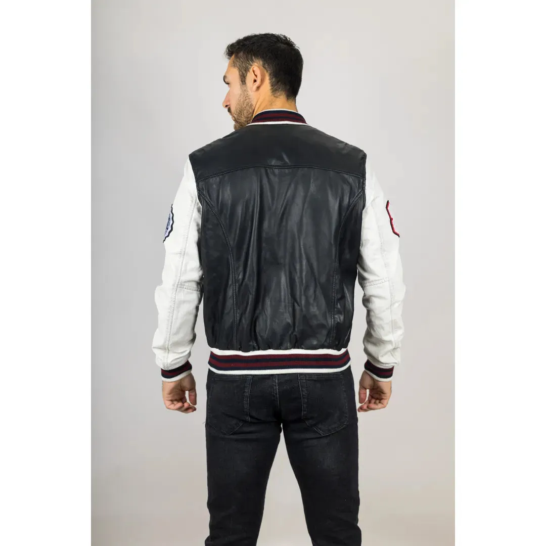 Men's Black Leather Letterman Bomber Jacket