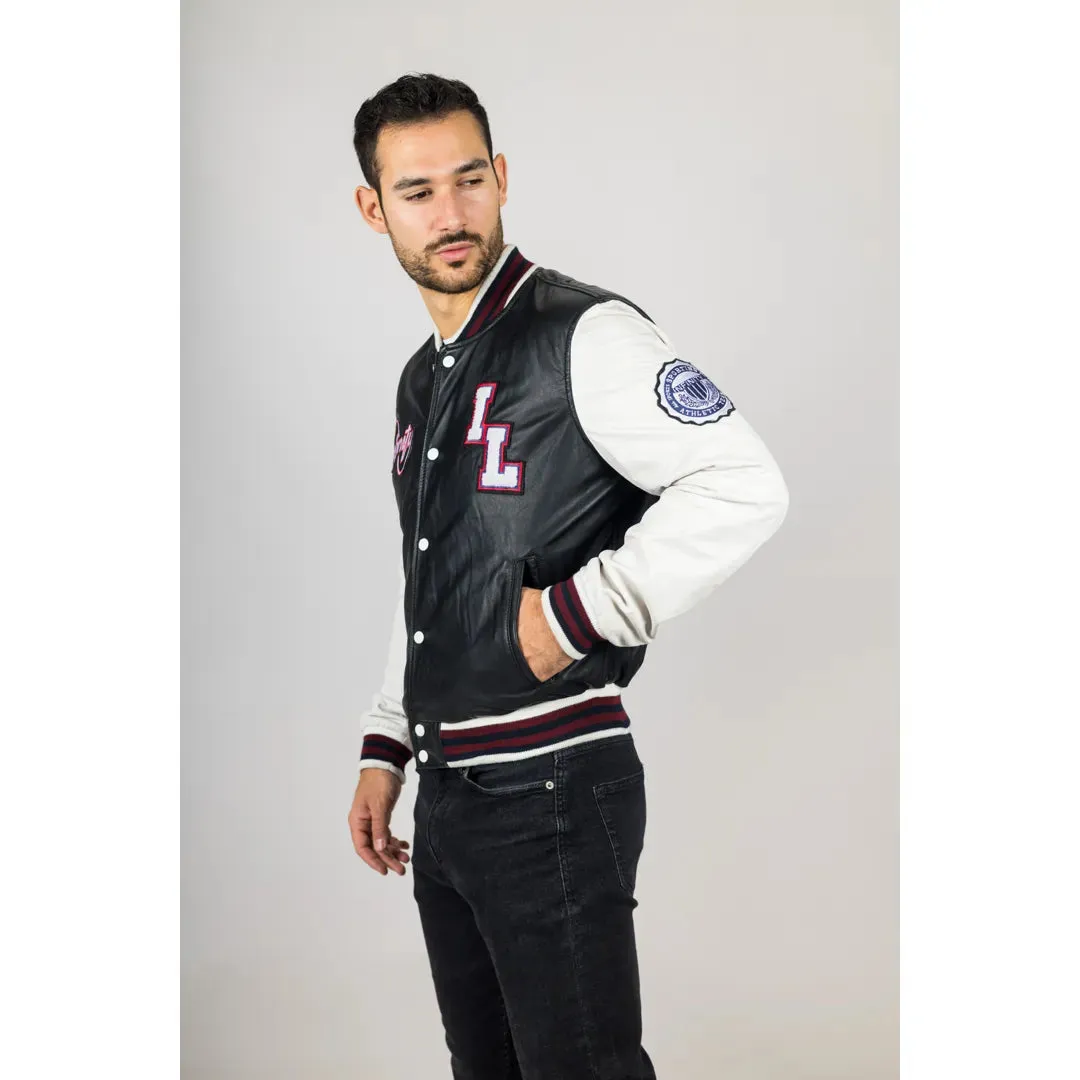 Men's Black Leather Letterman Bomber Jacket