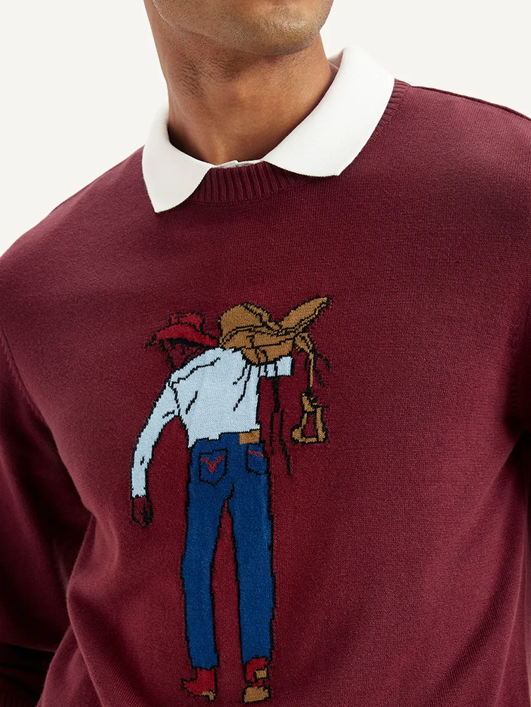 Men's Graphic Print Maroon Crew Neck Sweater