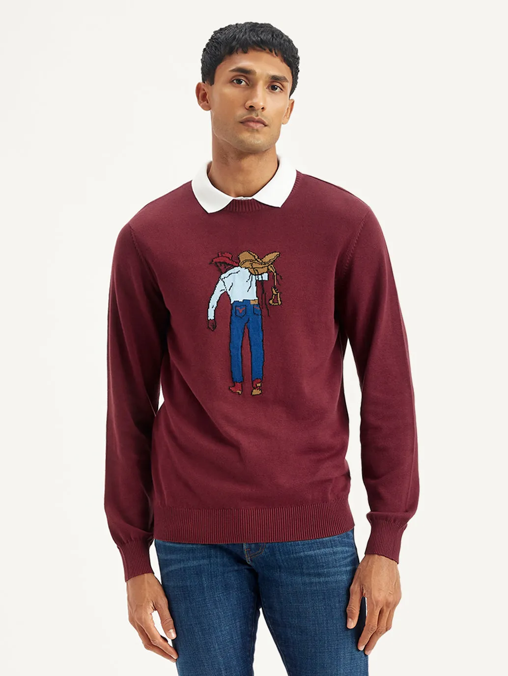 Men's Graphic Print Maroon Crew Neck Sweater