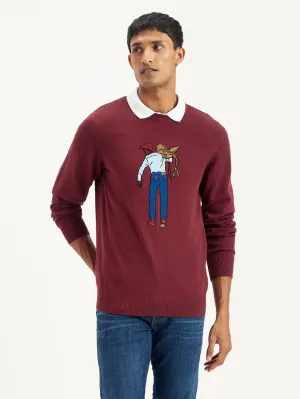 Men's Graphic Print Maroon Crew Neck Sweater