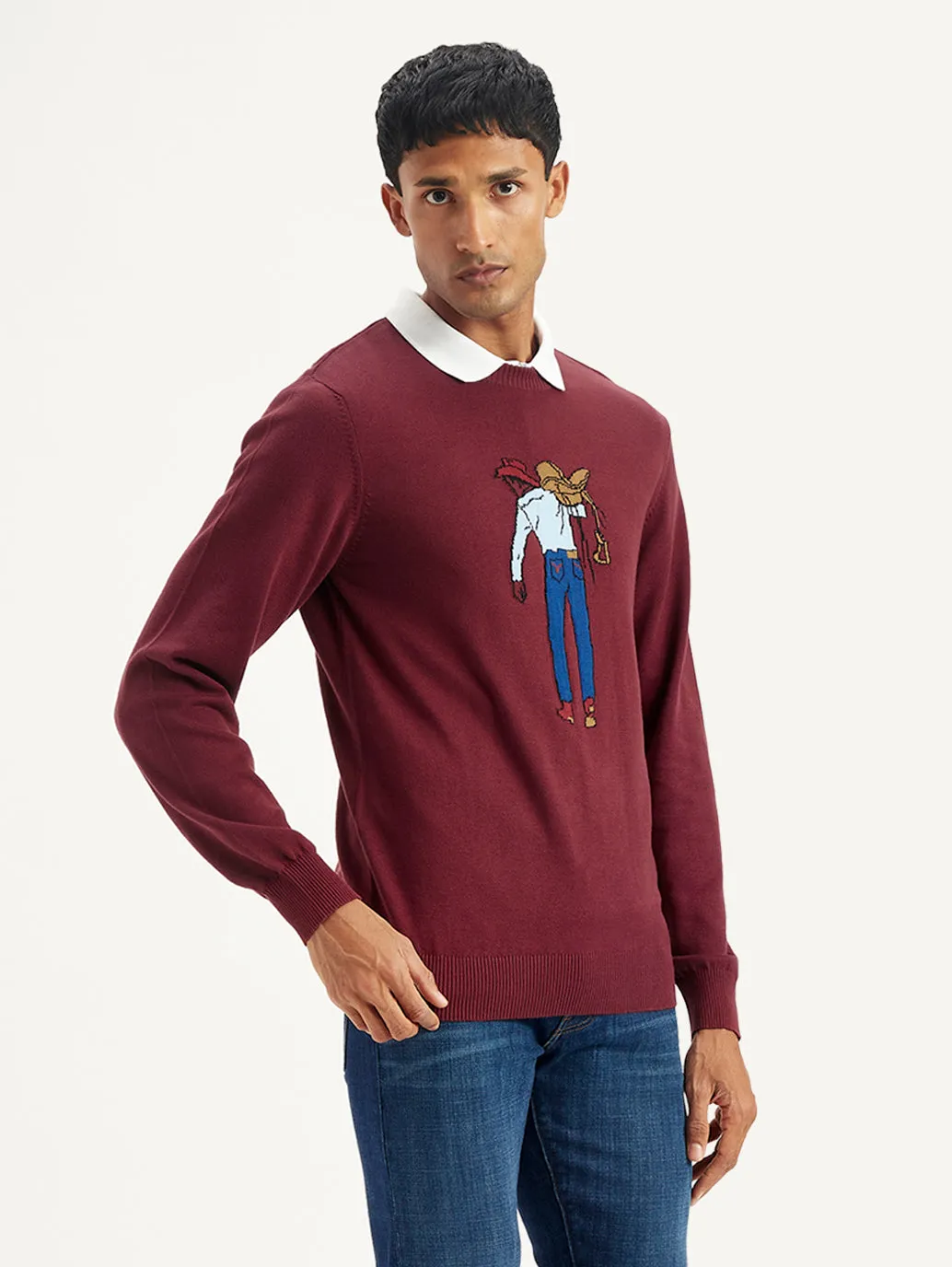 Men's Graphic Print Maroon Crew Neck Sweater