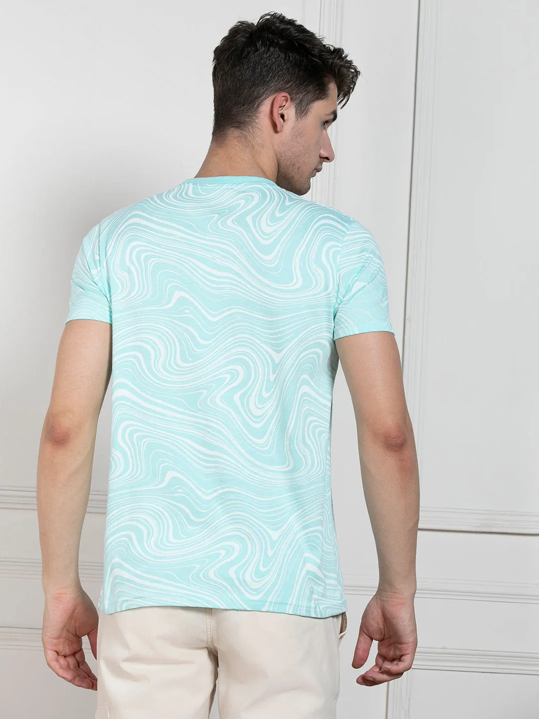 Men's Light Blue Round Neck Printed Regular Fit T-Shirt