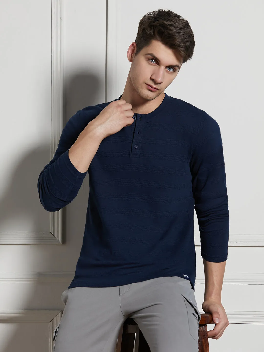 Men's Navy Cotton Regular Fit Textured Henley Neck T-Shirt