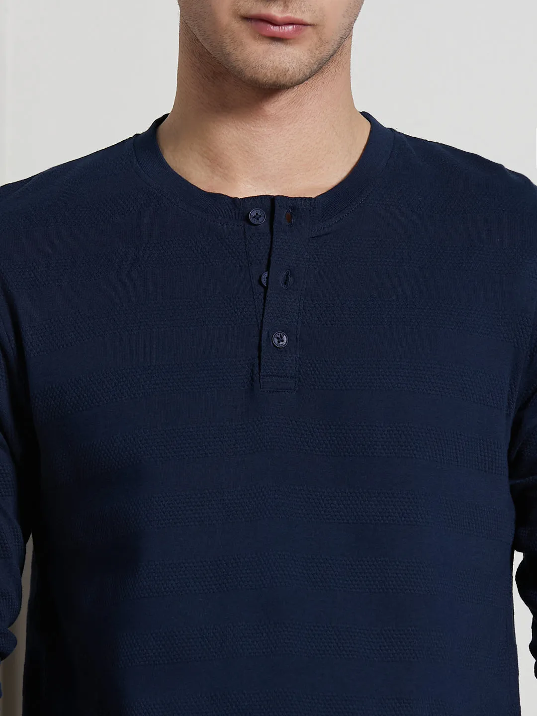 Men's Navy Cotton Regular Fit Textured Henley Neck T-Shirt