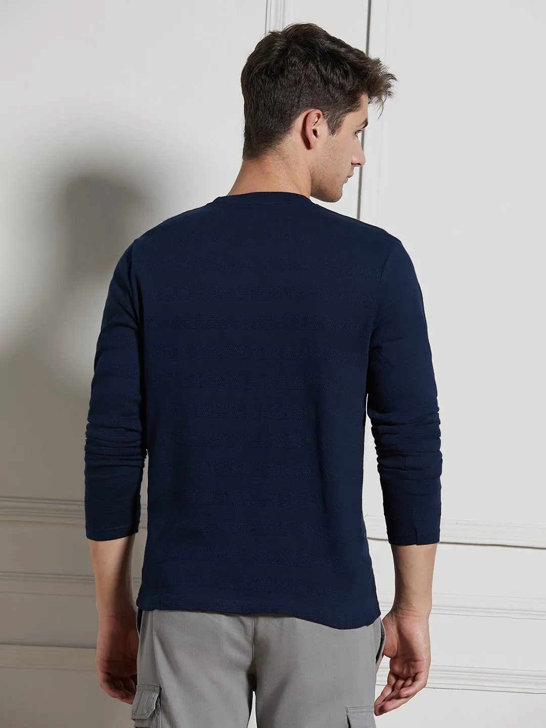 Men's Navy Cotton Regular Fit Textured Henley Neck T-Shirt