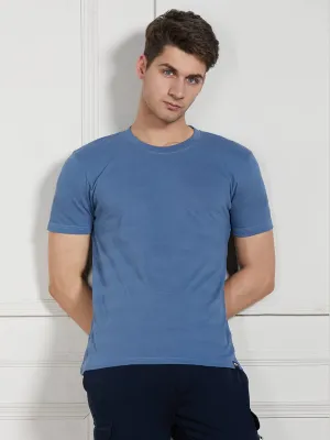 Men's Navy Cotton Regular Fit Textured Round neck T-Shirt