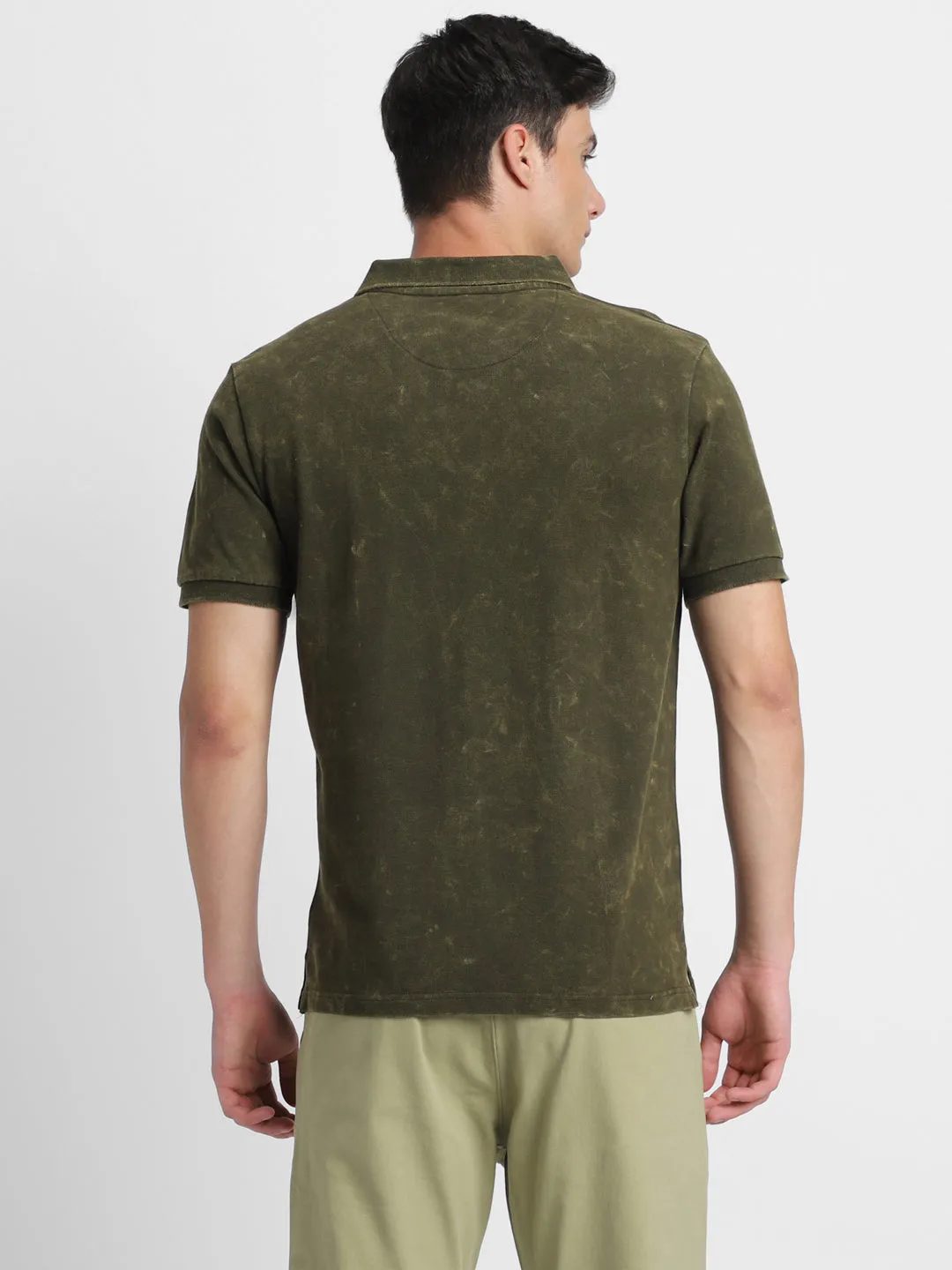 Men's Spread Collar Regular Fit Washed Effect Olive Polo T-Shirt