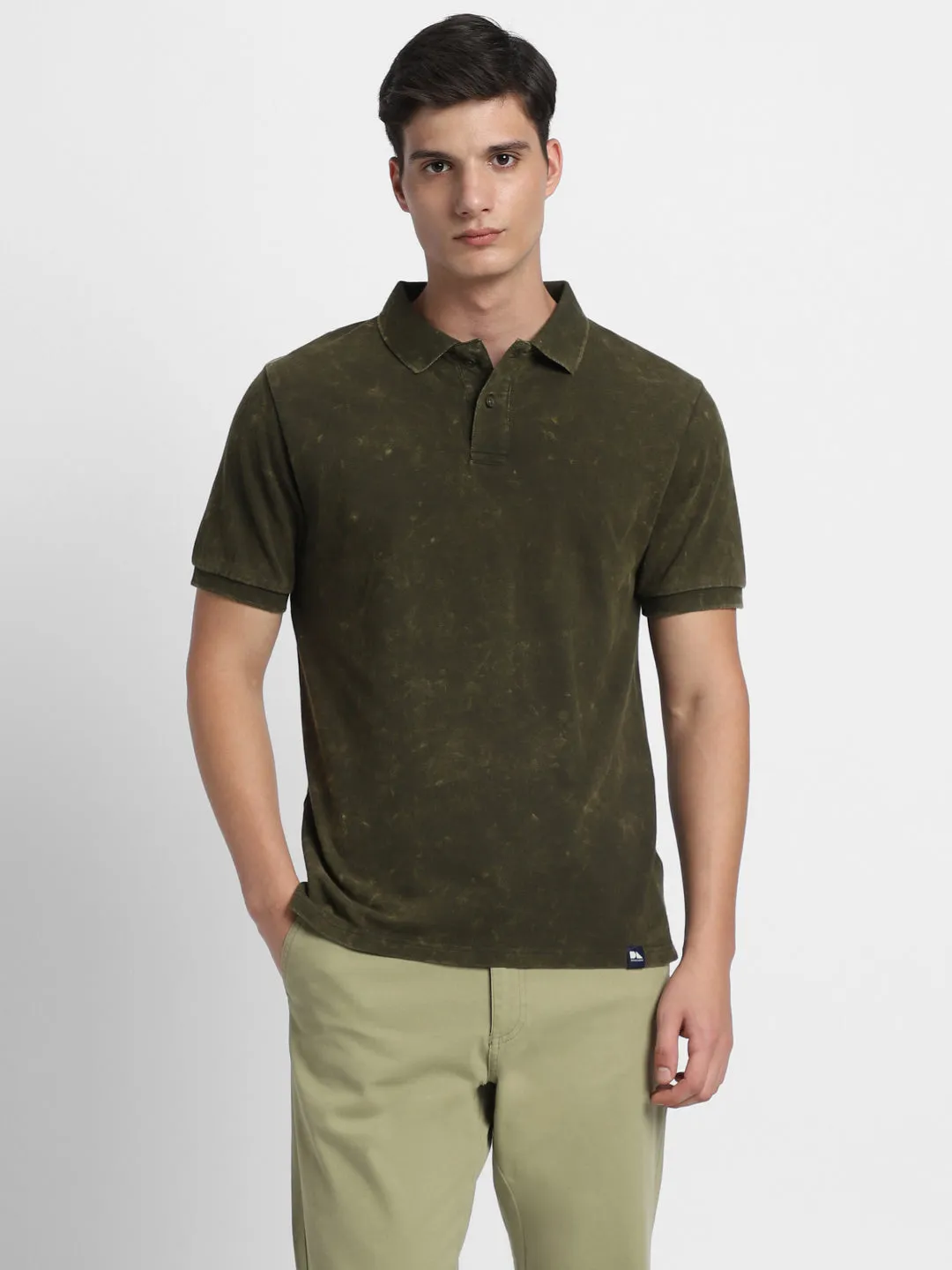 Men's Spread Collar Regular Fit Washed Effect Olive Polo T-Shirt