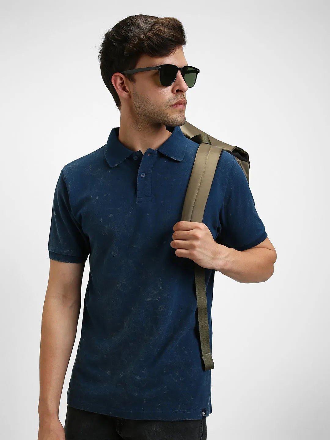 Men's Spread Collar Regular Fit Washed Effect Teal Polo T-Shirt