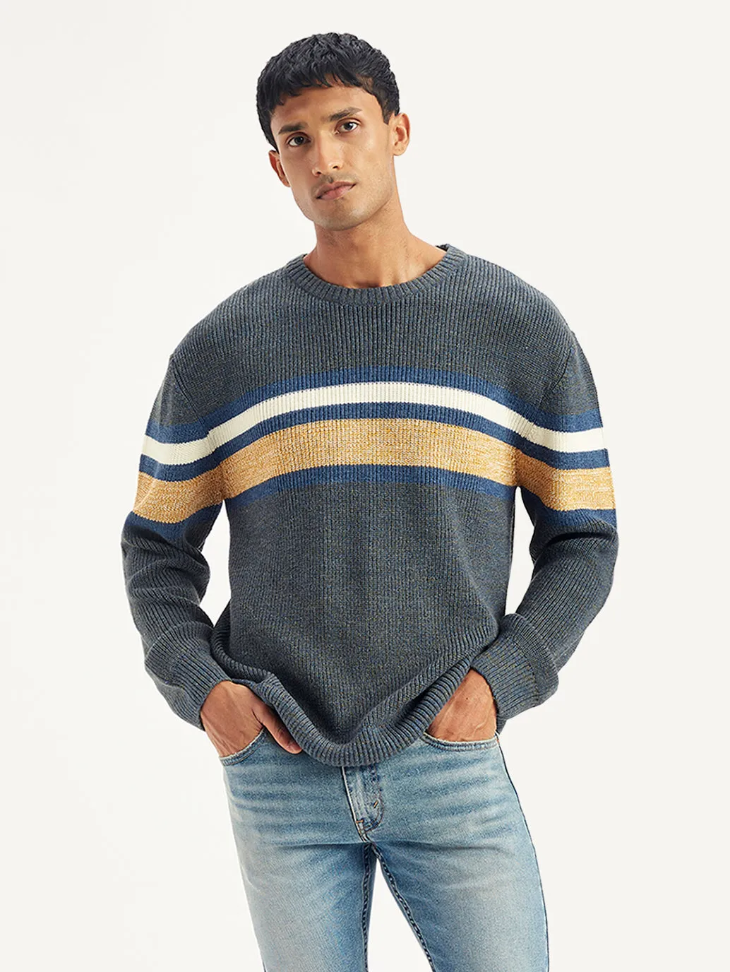 Men's Striped Grey Crew Neck Sweater