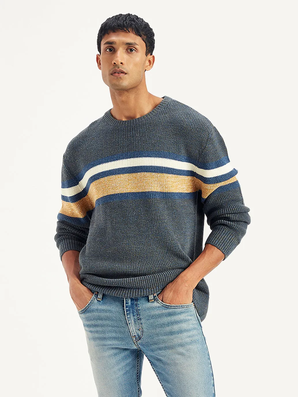 Men's Striped Grey Crew Neck Sweater