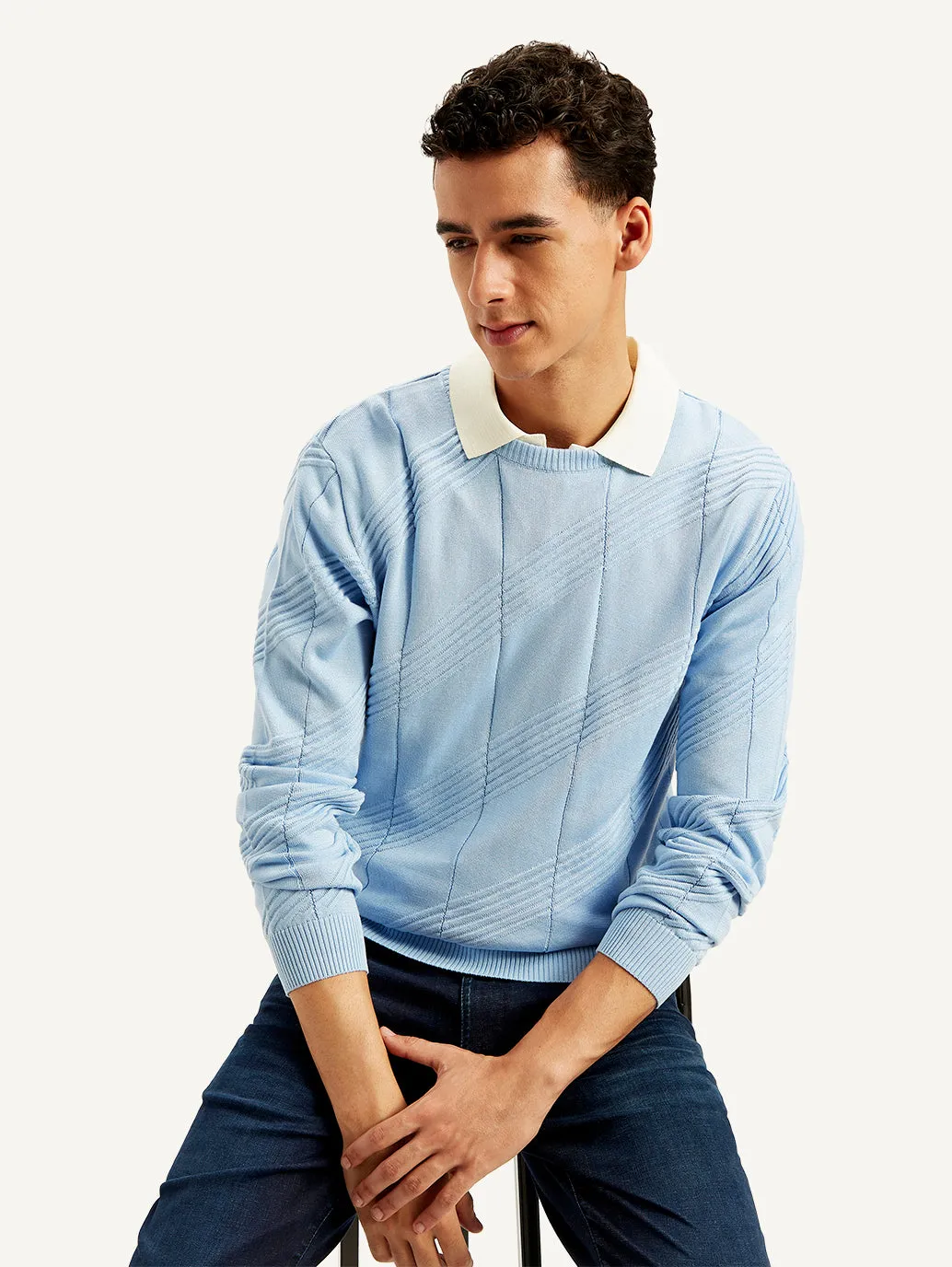 Men's Textured Light-Blue Crew Neck Sweater