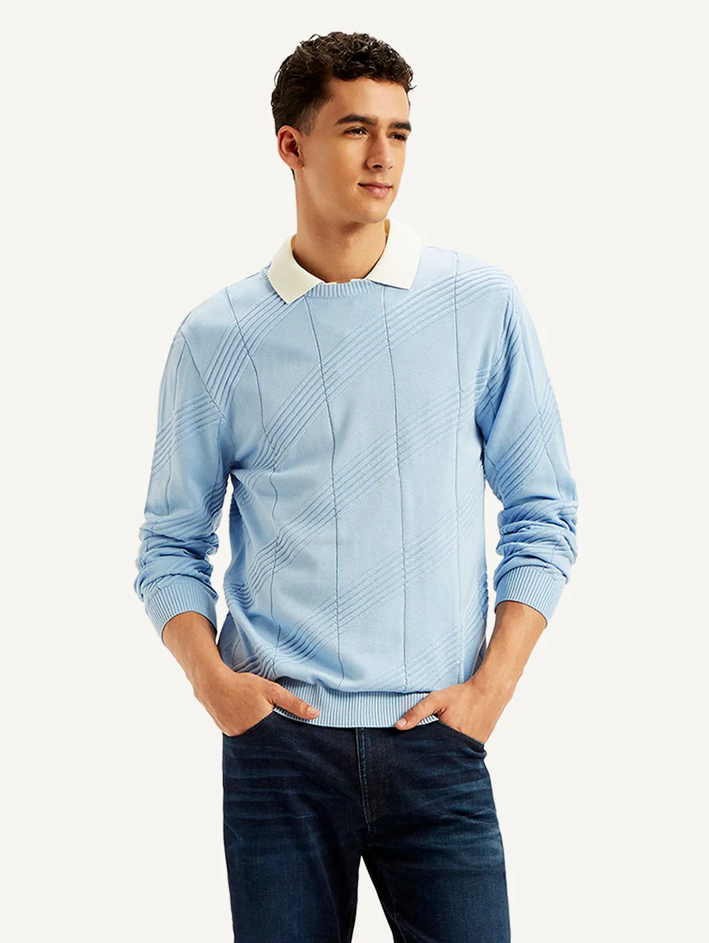 Men's Textured Light-Blue Crew Neck Sweater