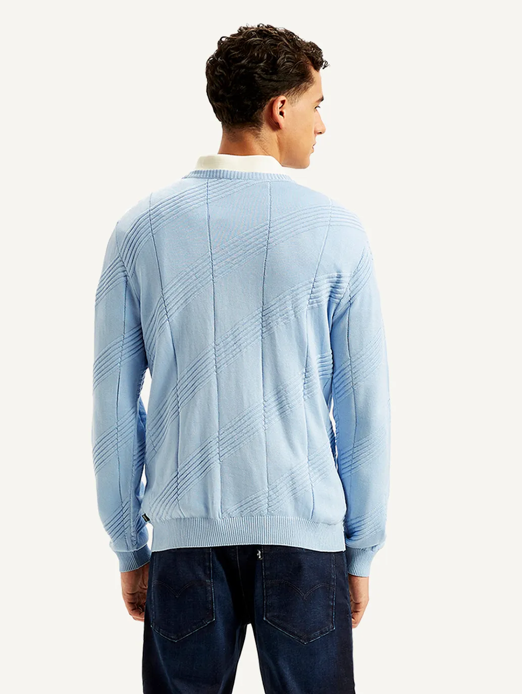 Men's Textured Light-Blue Crew Neck Sweater