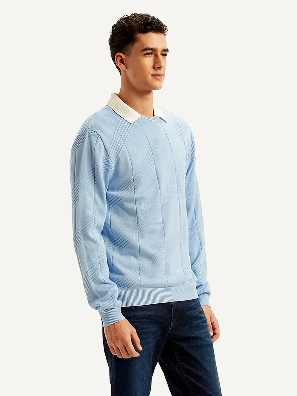 Men's Textured Light-Blue Crew Neck Sweater