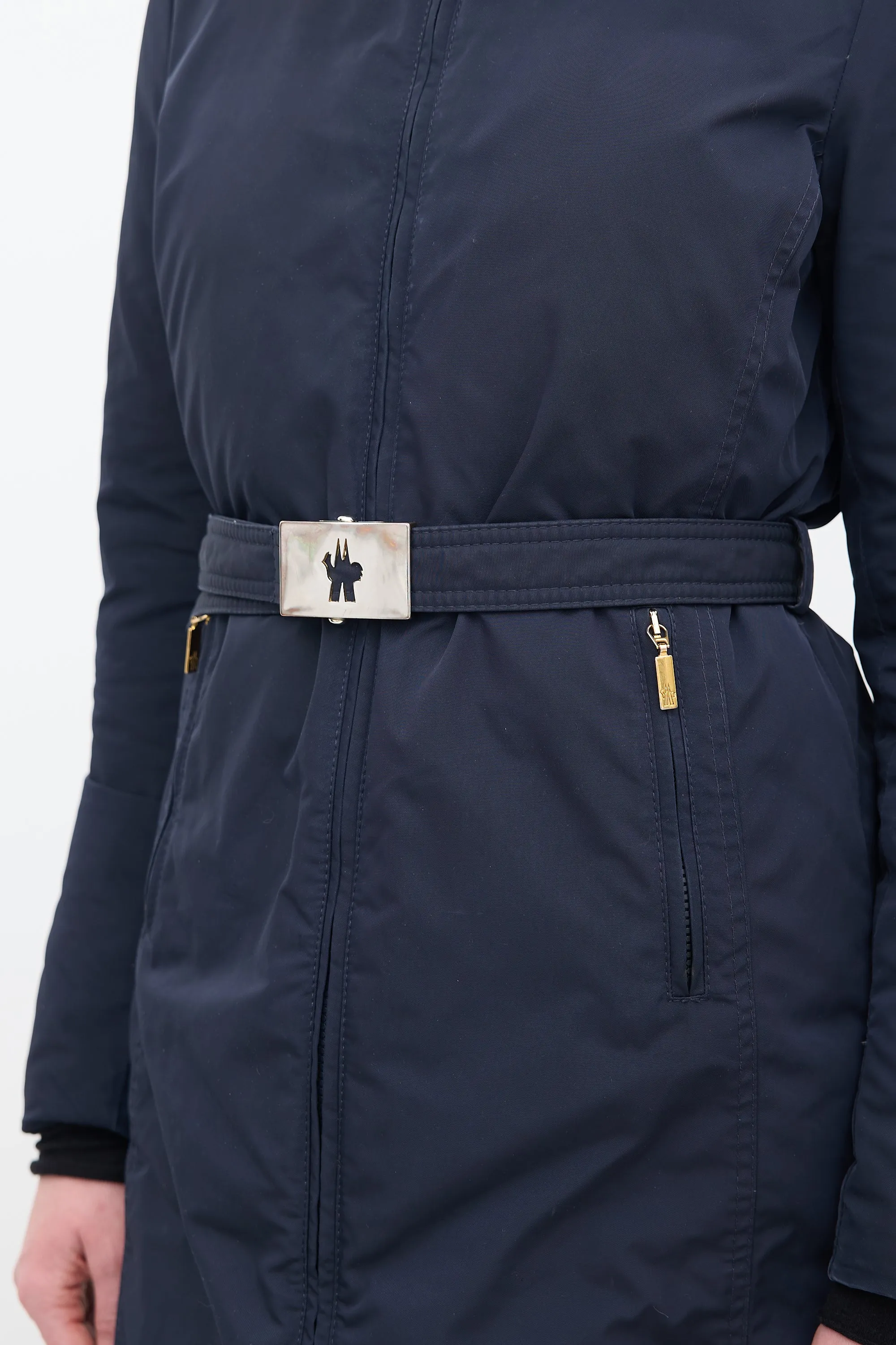 Navy Down & Fur Trim Belted Coat