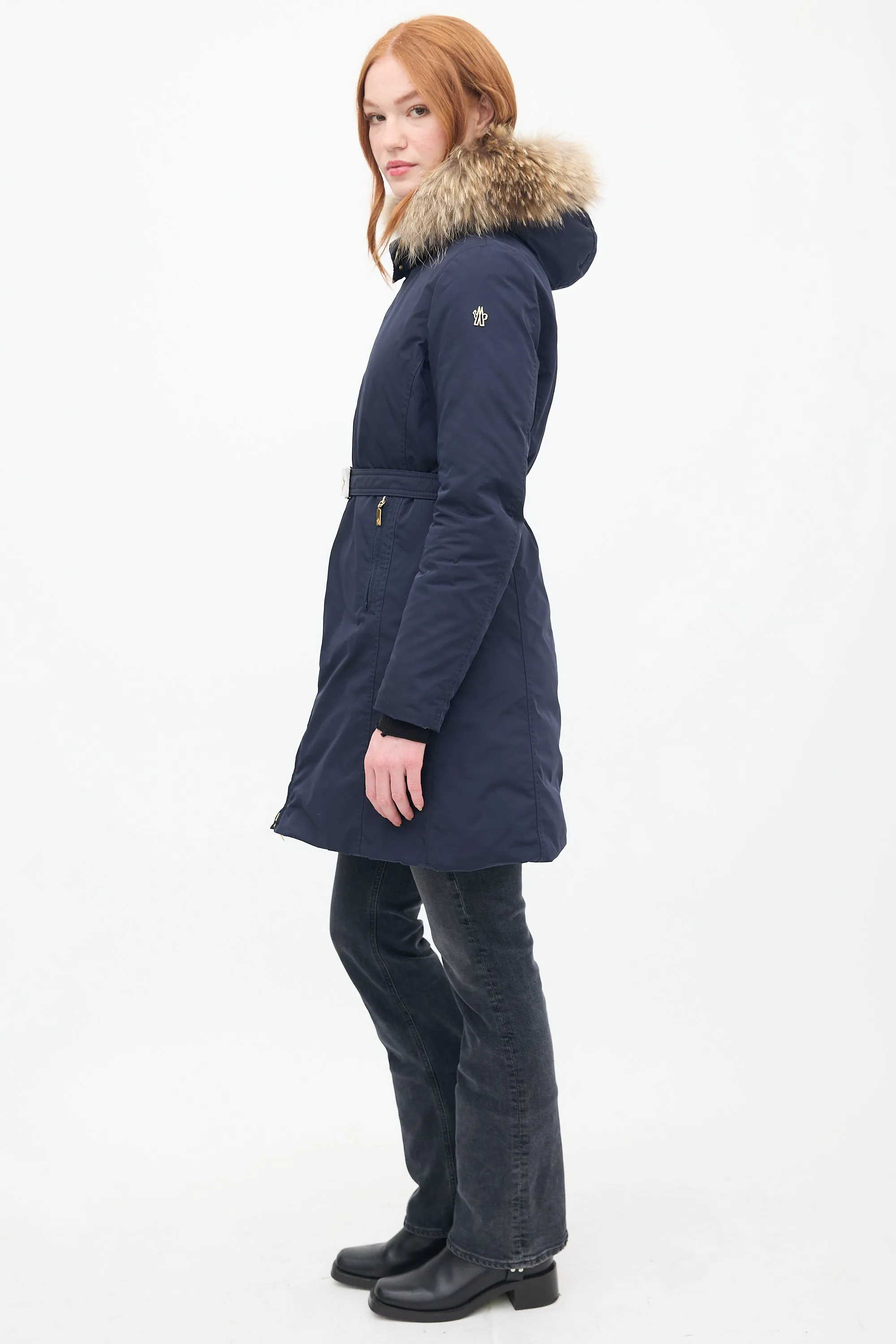 Navy Down & Fur Trim Belted Coat