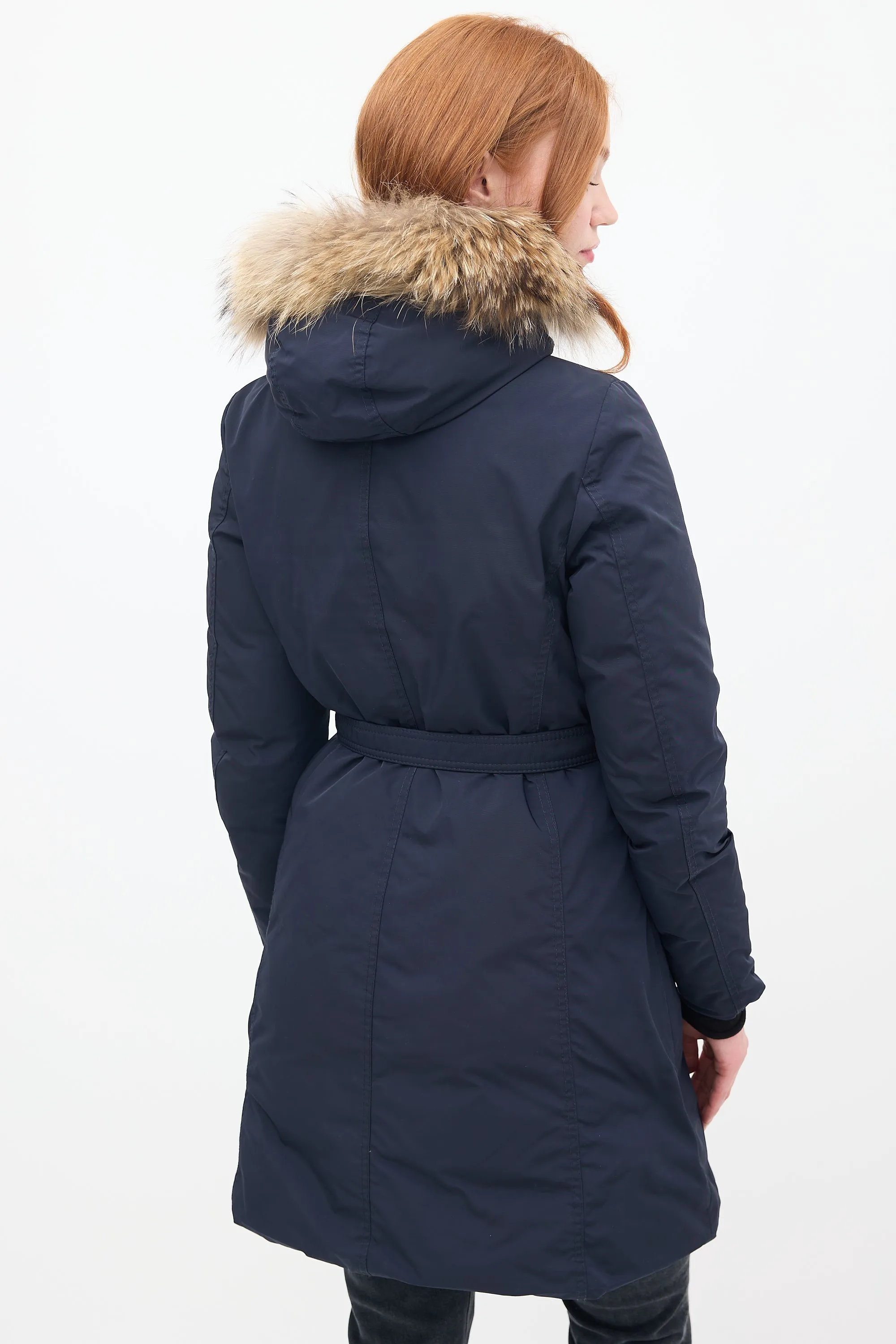 Navy Down & Fur Trim Belted Coat