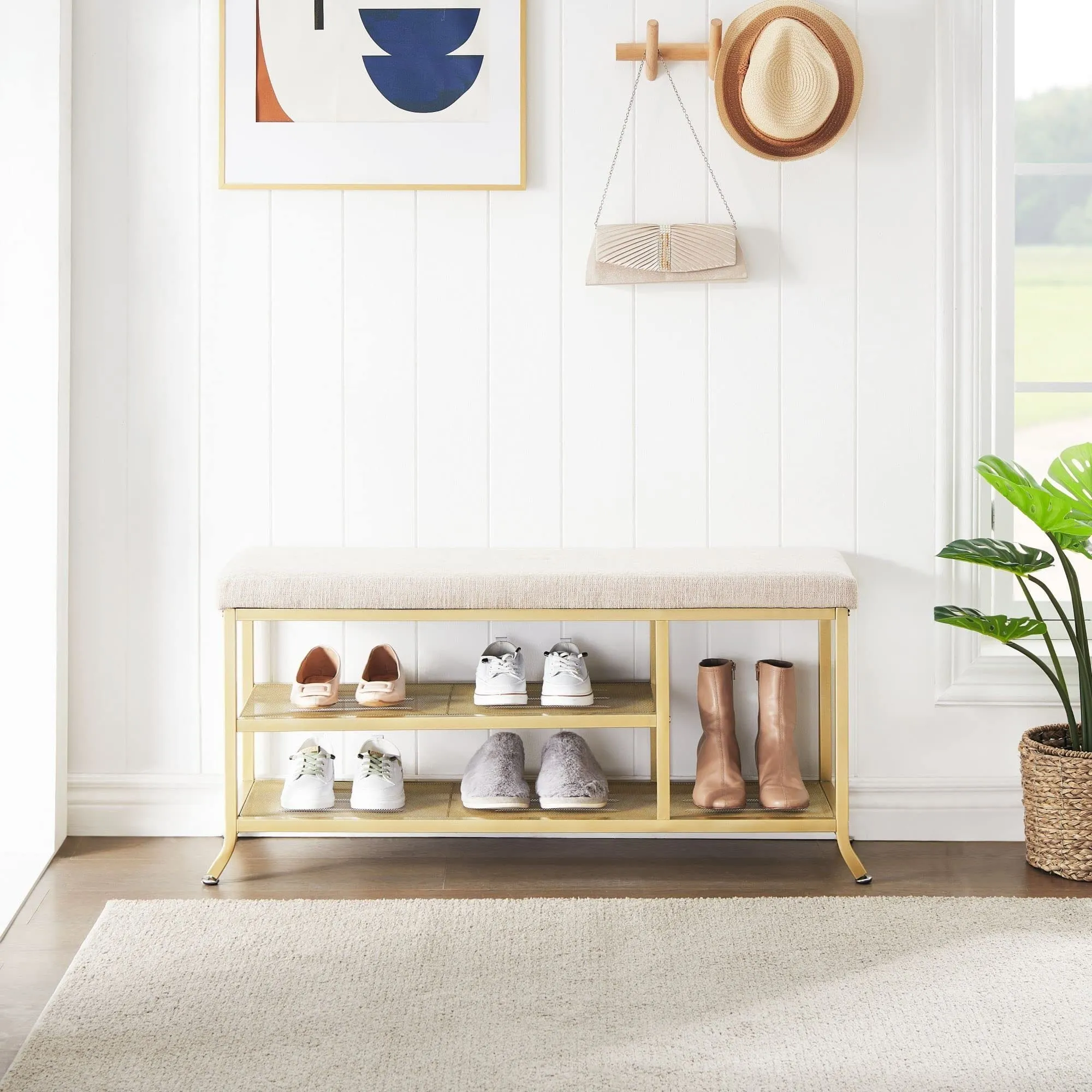 premium Stylish Shoe Storage Bench with Upholstered Seat & Open Shelf - Gold Metal Frame for Home Entryway