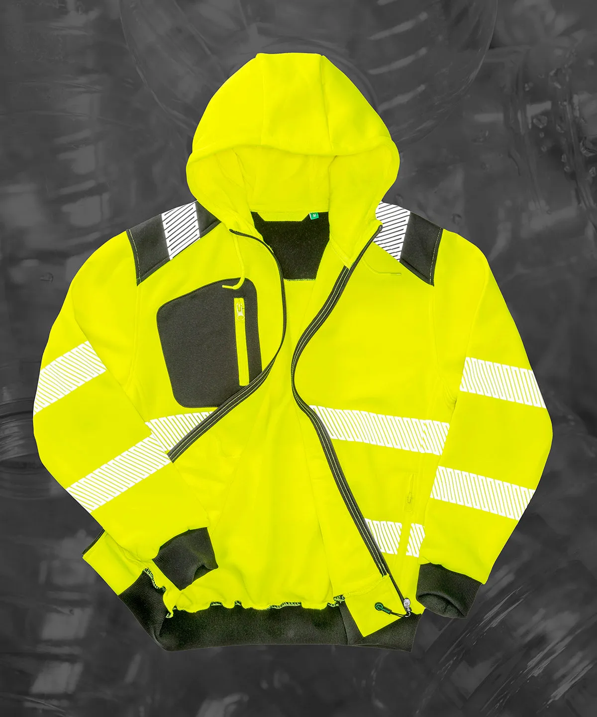 Recycled robust zipped safety hoodie | Fluorescent Yellow/Black