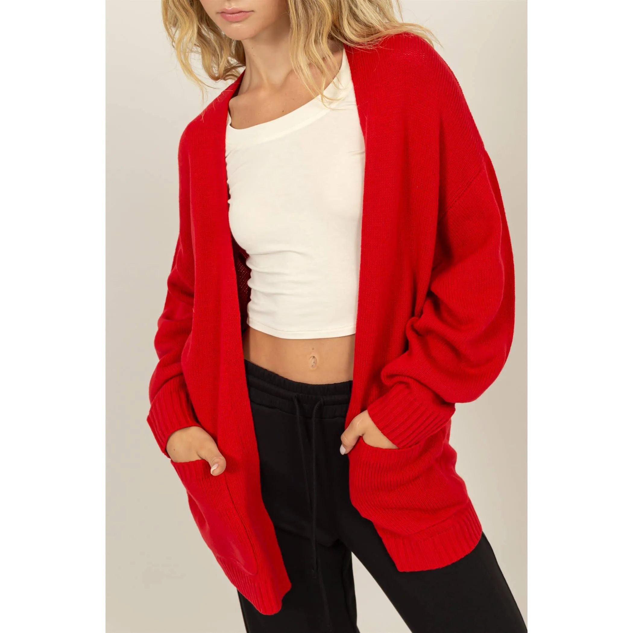 RUBY RED OVERSIZED OPEN-FRONT CARDIGAN SWEATER