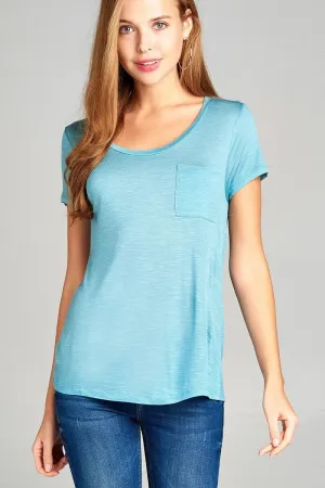 Short Sleeve Slub Top w/ Pocket - Ocean Blue