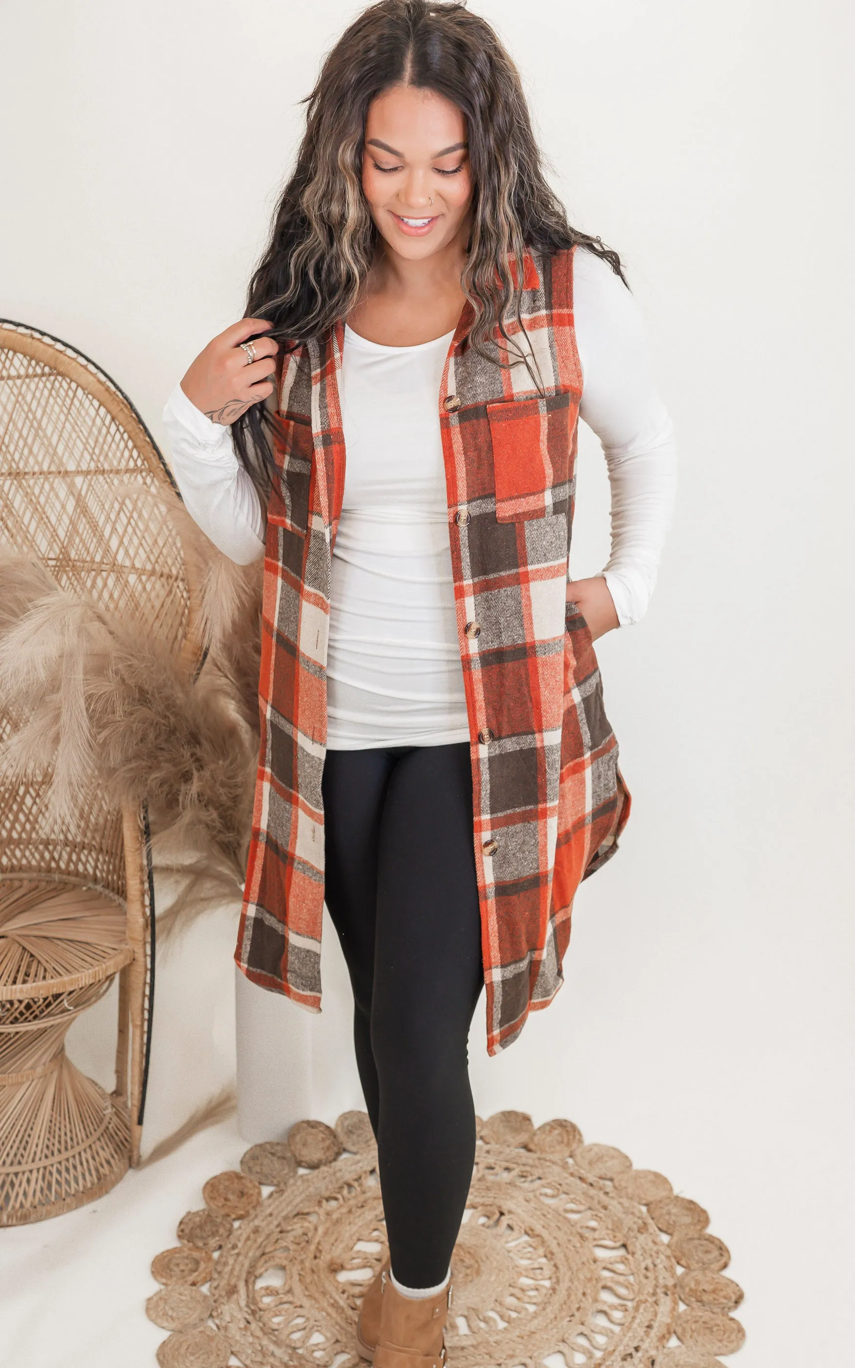 Sleeveless Plaid Long Vest Coat