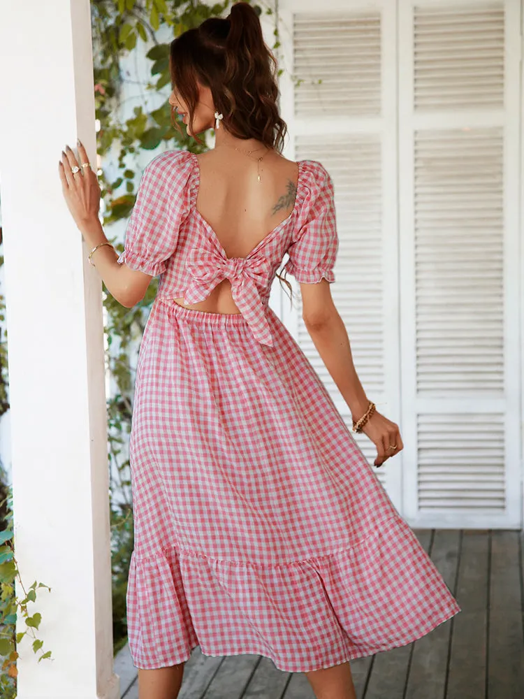 Tie Puff Sleeves Stunning Plaid Dress