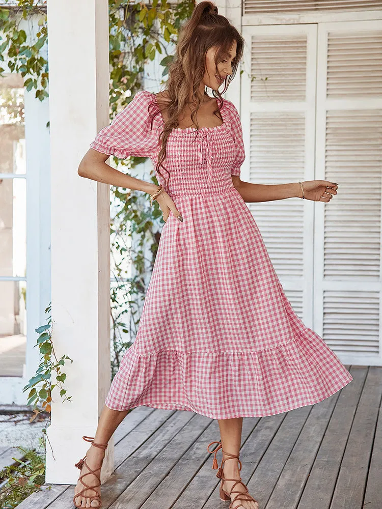 Tie Puff Sleeves Stunning Plaid Dress