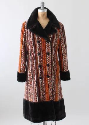 Vintage 1970s Carpet Tapestry Coat with Faux Fur Trim