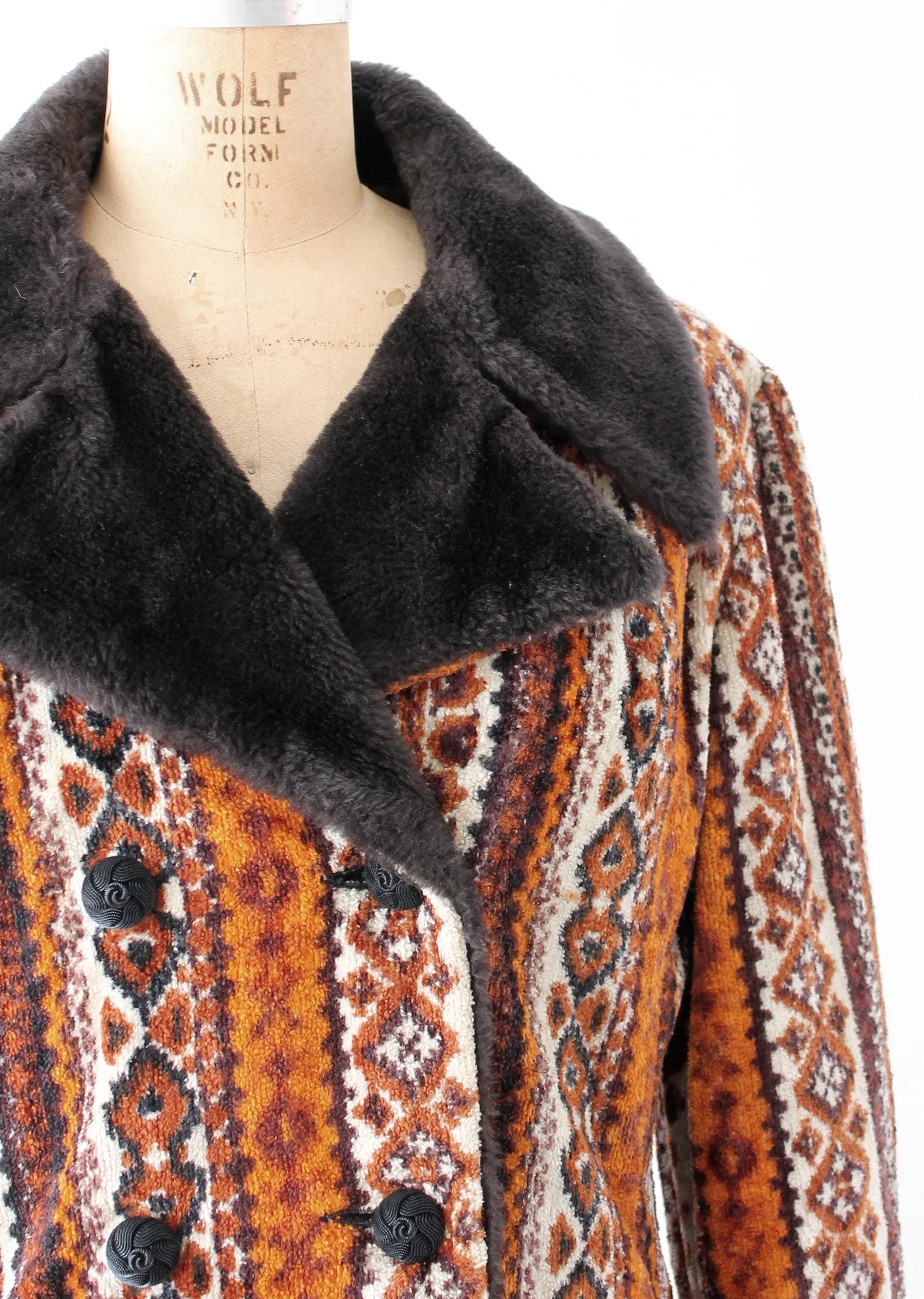 Vintage 1970s Carpet Tapestry Coat with Faux Fur Trim