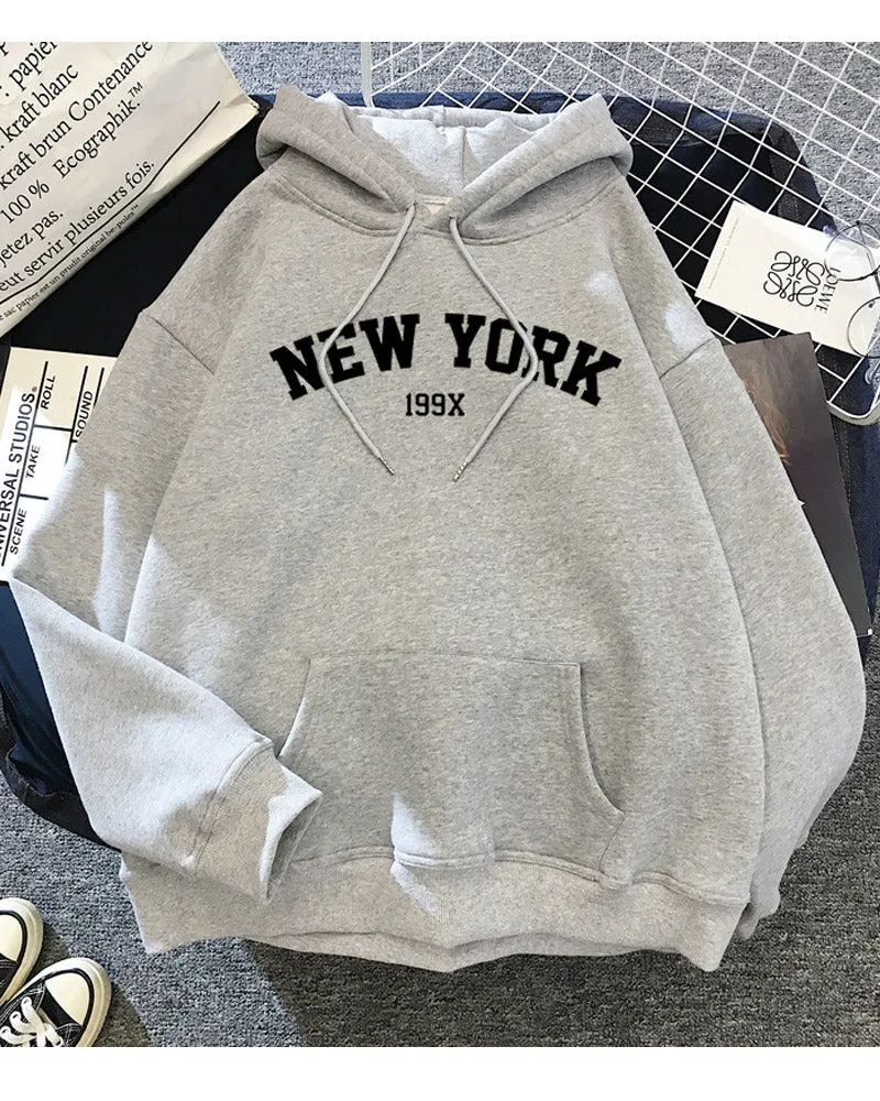 Women Awesome New York Pattern Durable Drawstring Loose Long Sleeve Comfortable Warm Winter Hoodie - NYC084