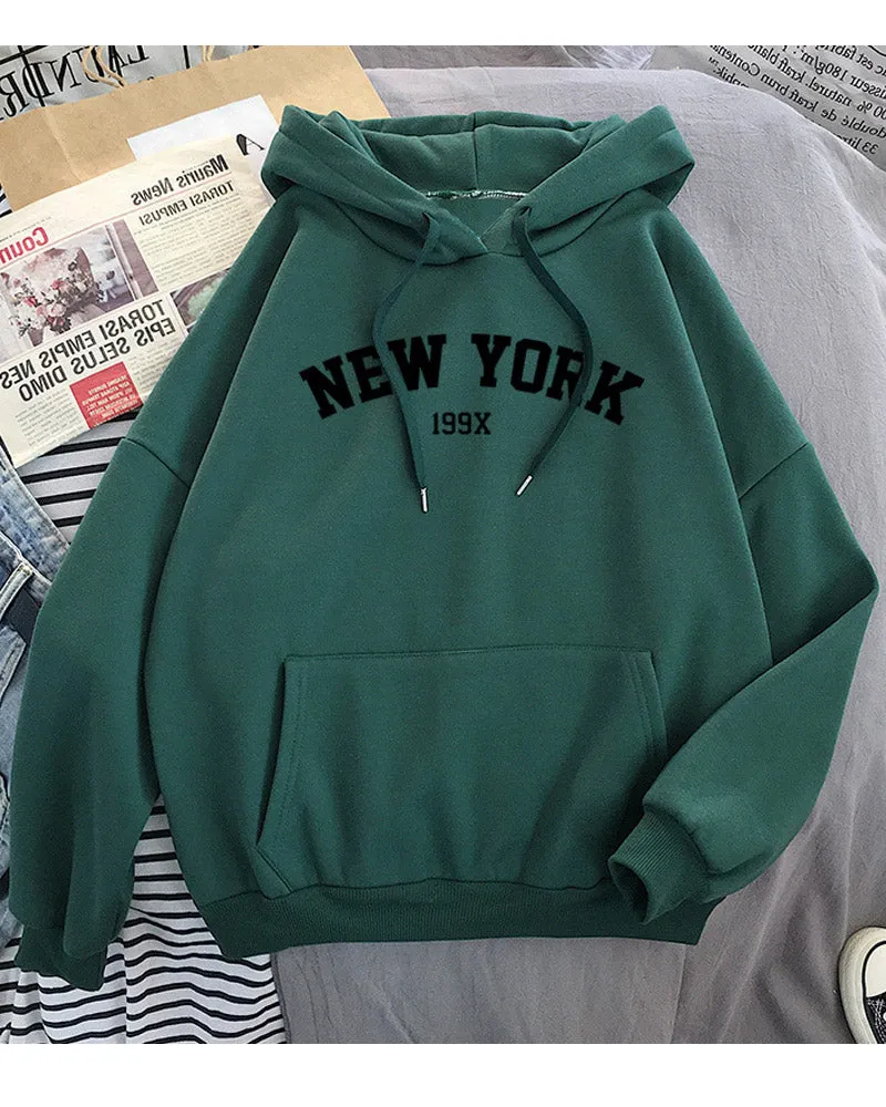 Women Awesome New York Pattern Durable Drawstring Loose Long Sleeve Comfortable Warm Winter Hoodie - NYC084