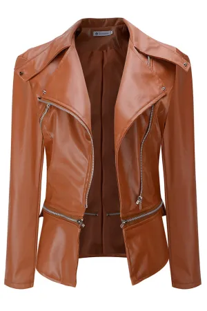 Women Elegant Solid Pattern Comfortable Long Sleeve Leather Jacket - WJK88577