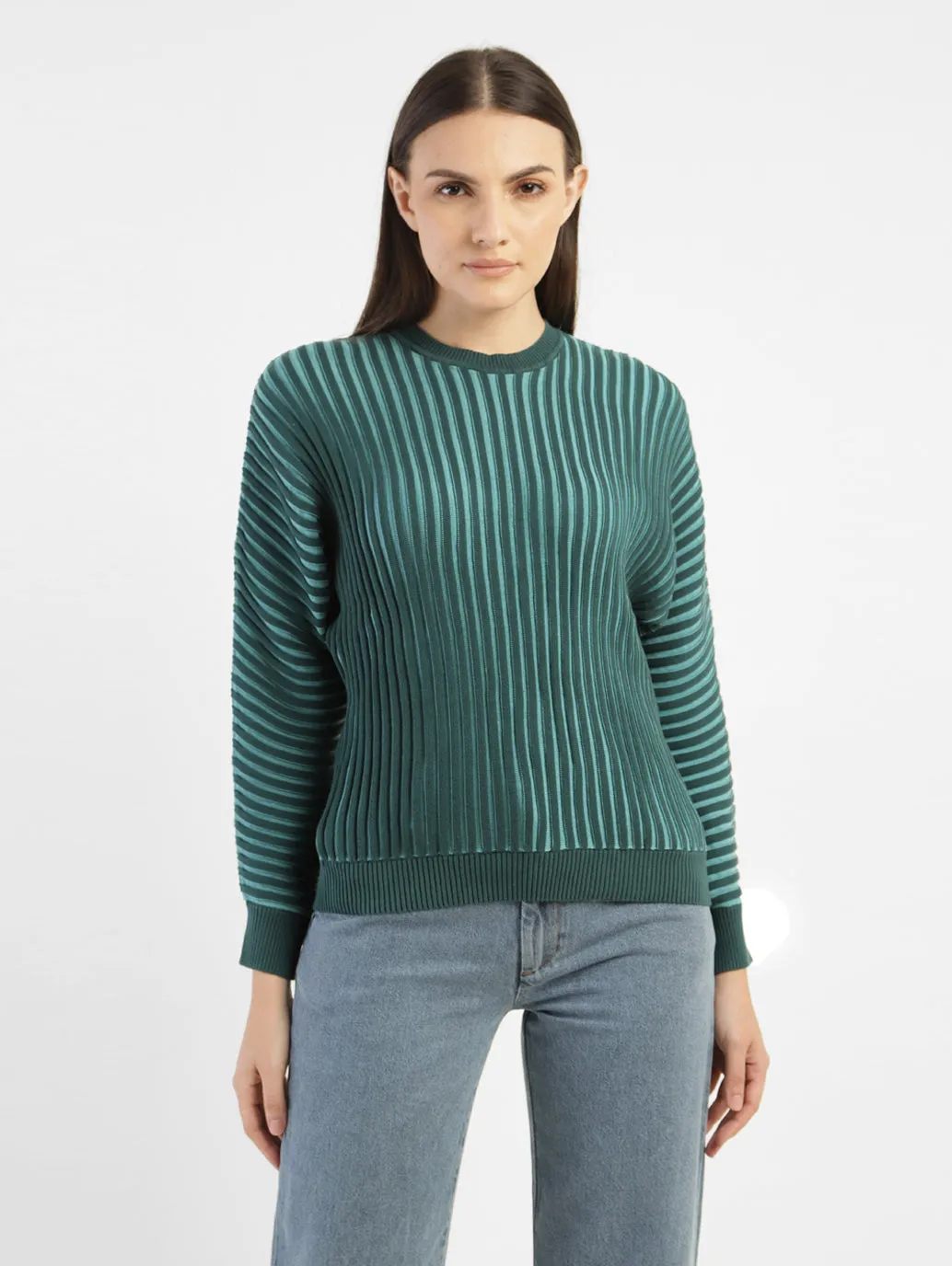 Women's Textured Green Crew Neck Sweater