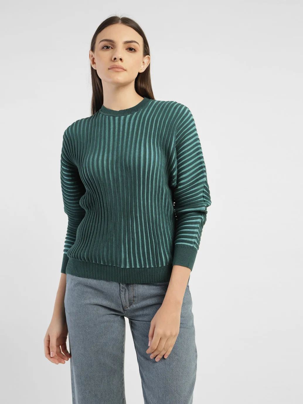 Women's Textured Green Crew Neck Sweater