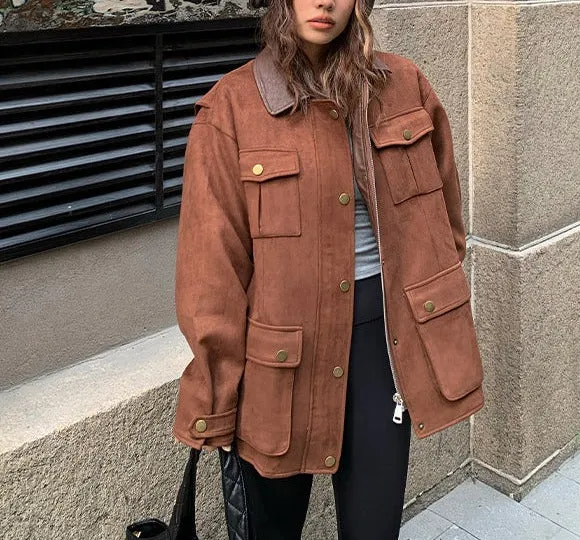 yuuue workwear jacket female winter 2022 new loose stitching plus velvet thickening retro ins musk leather jacket tops